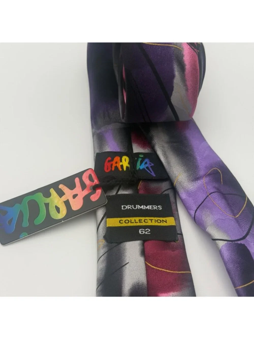 Garcia Men’s Purple Black Red Silk Tie Abstract Drummers Collection 62 Made USA